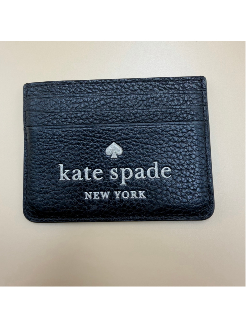 Kate Spade Black Pebbled Leather Card Holder Wallet Silver Glitter Logo